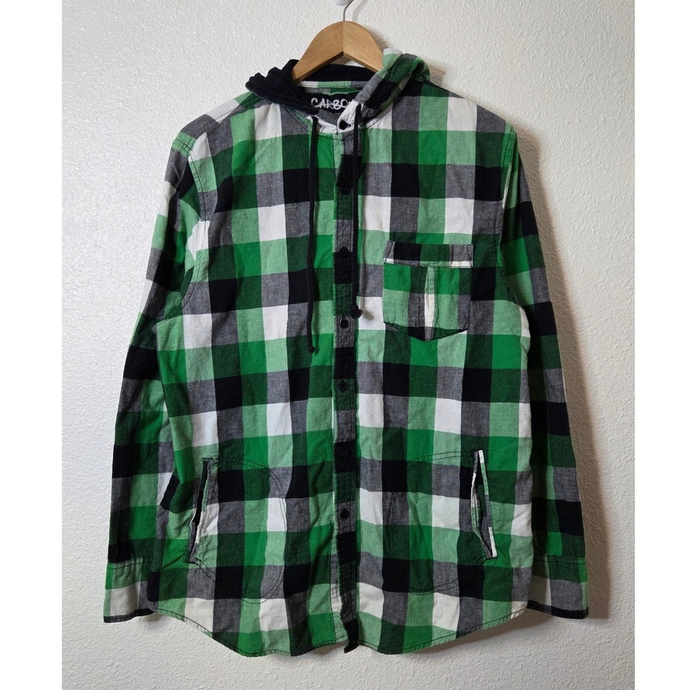 Carbon Green Buffalo Plaid Hooded Flannel Shirt Jacket Mens Large Skater Grunge